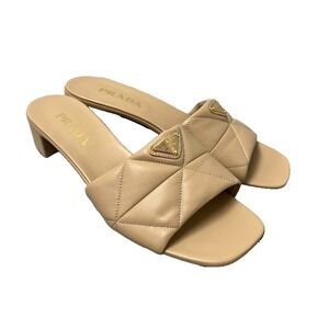Prada Quilted Sandal Womens 40 9 Cream Block Heel Neutral Designer Old Money